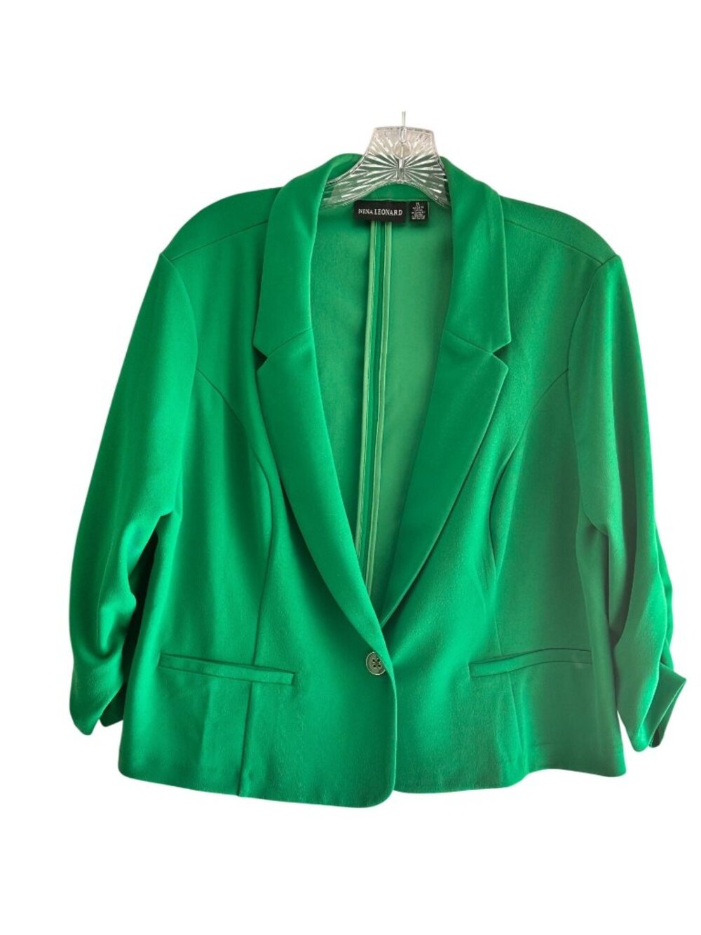 Nina Leonard Size XL Green Open-Front Polyester Blazer Shrug  With 3/4 Sleeves